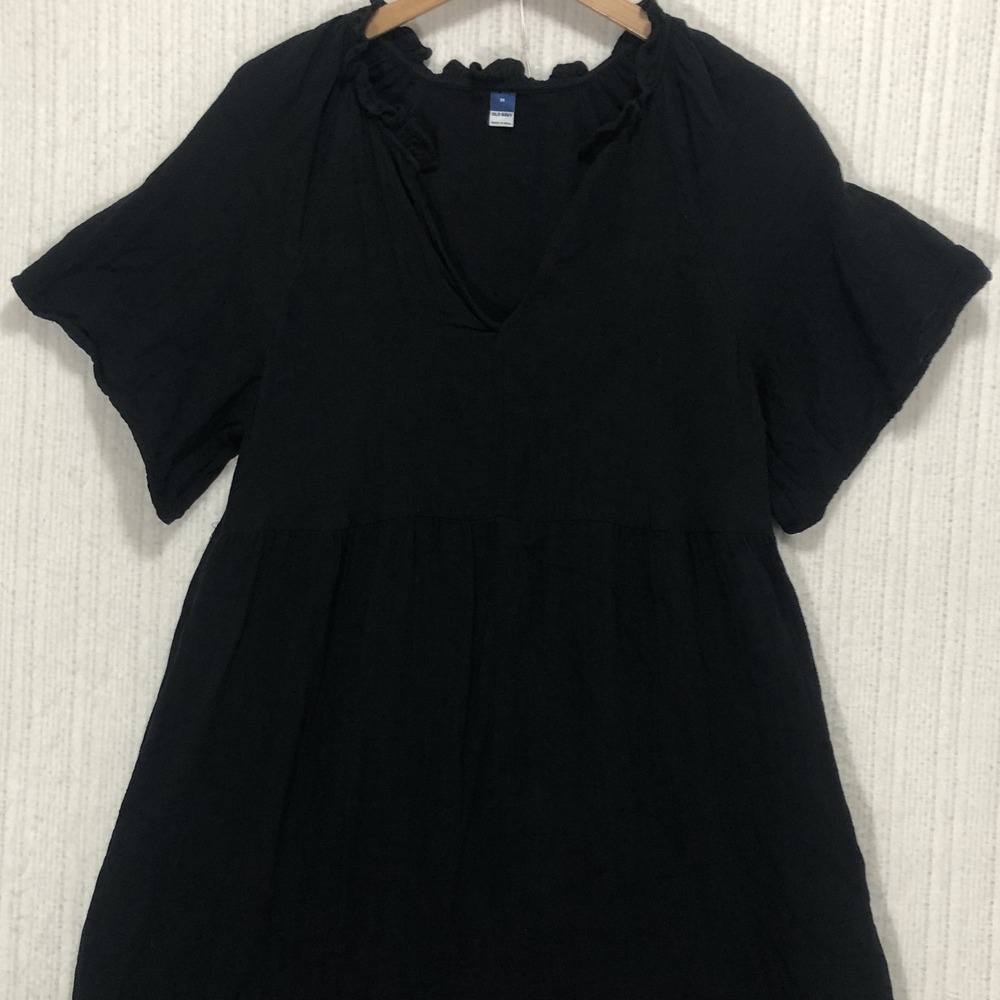 Old Navy Womens Black Cotton Gauze Ruffle Neck Babydoll Mini Dress Medium‎
